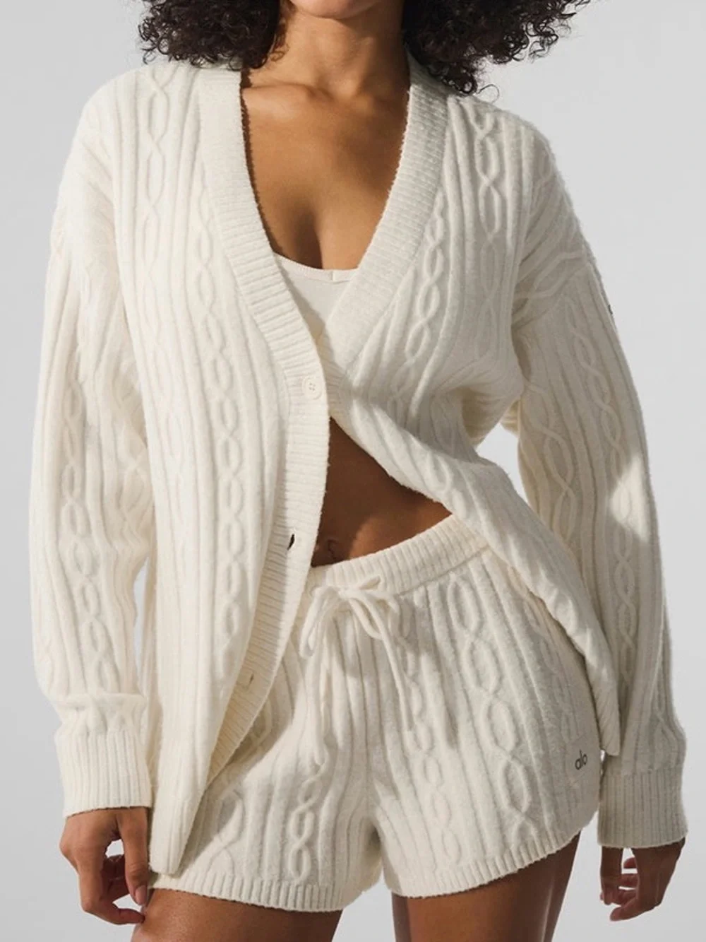 Alo Yoga Cable Knit Winter Bliss Cardigan Ivory Cream Button Front Sweater M
